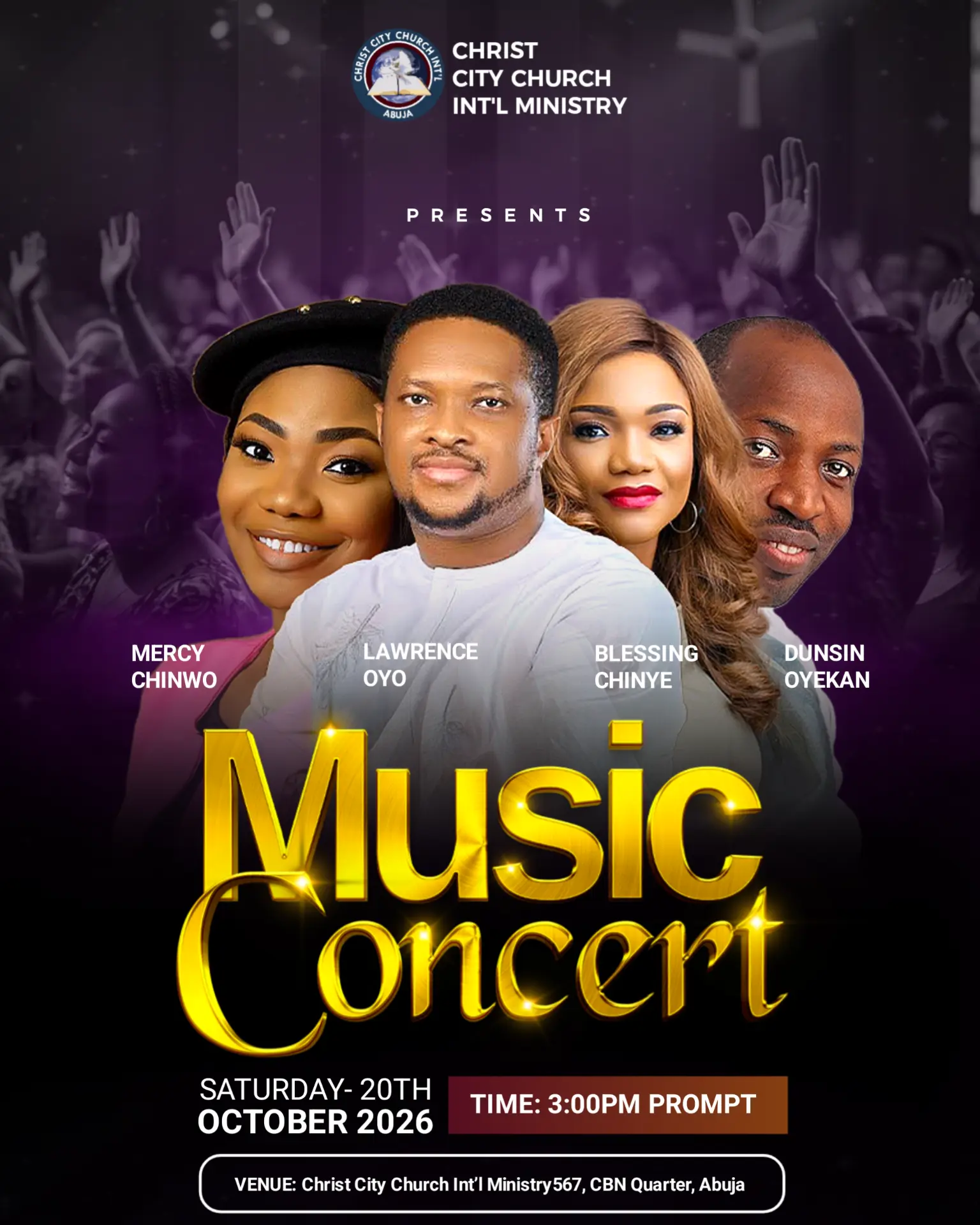Purple and gold music concert poster for Christ City Church featuring four artists