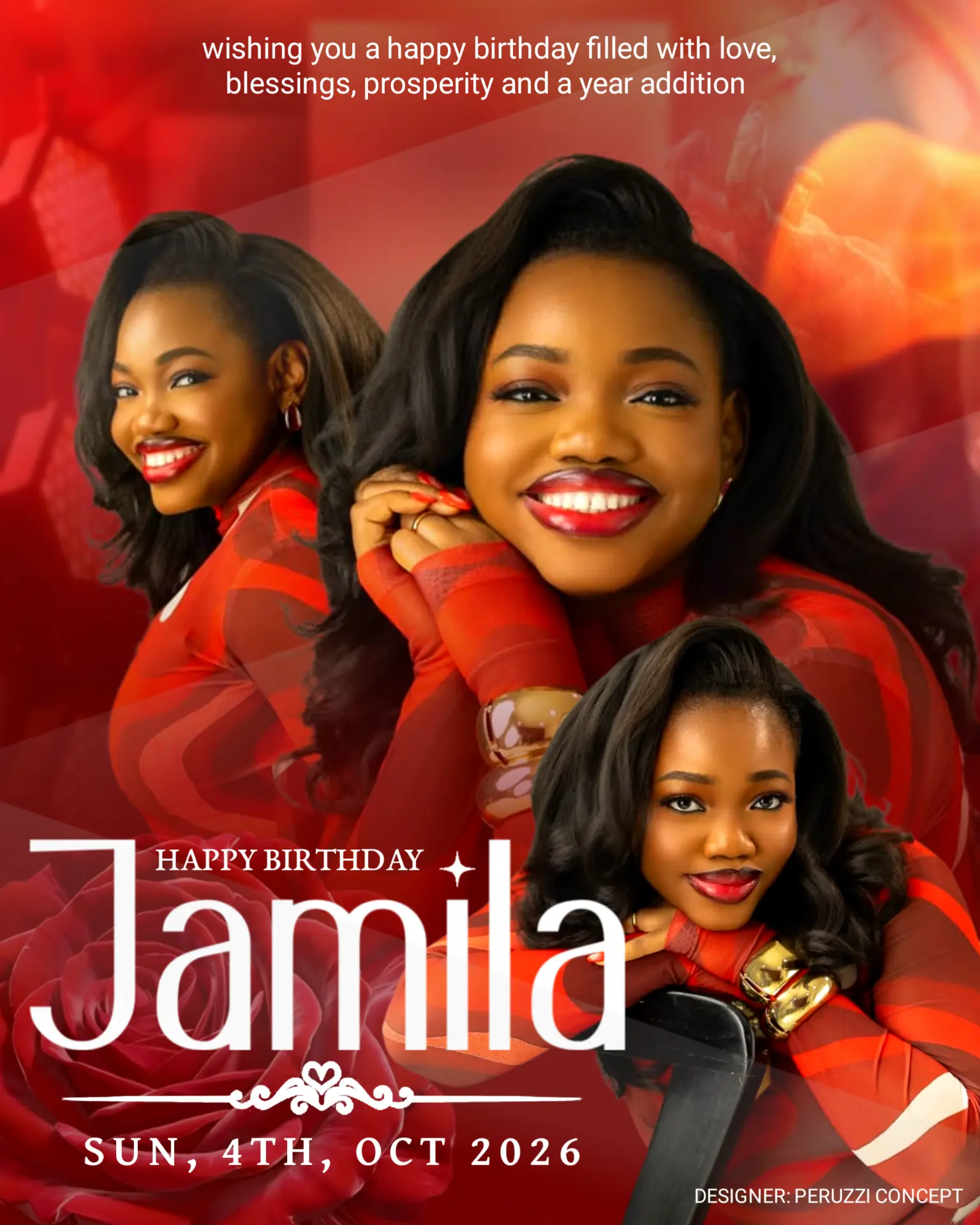 Red birthday poster with layered portraits of Jamila