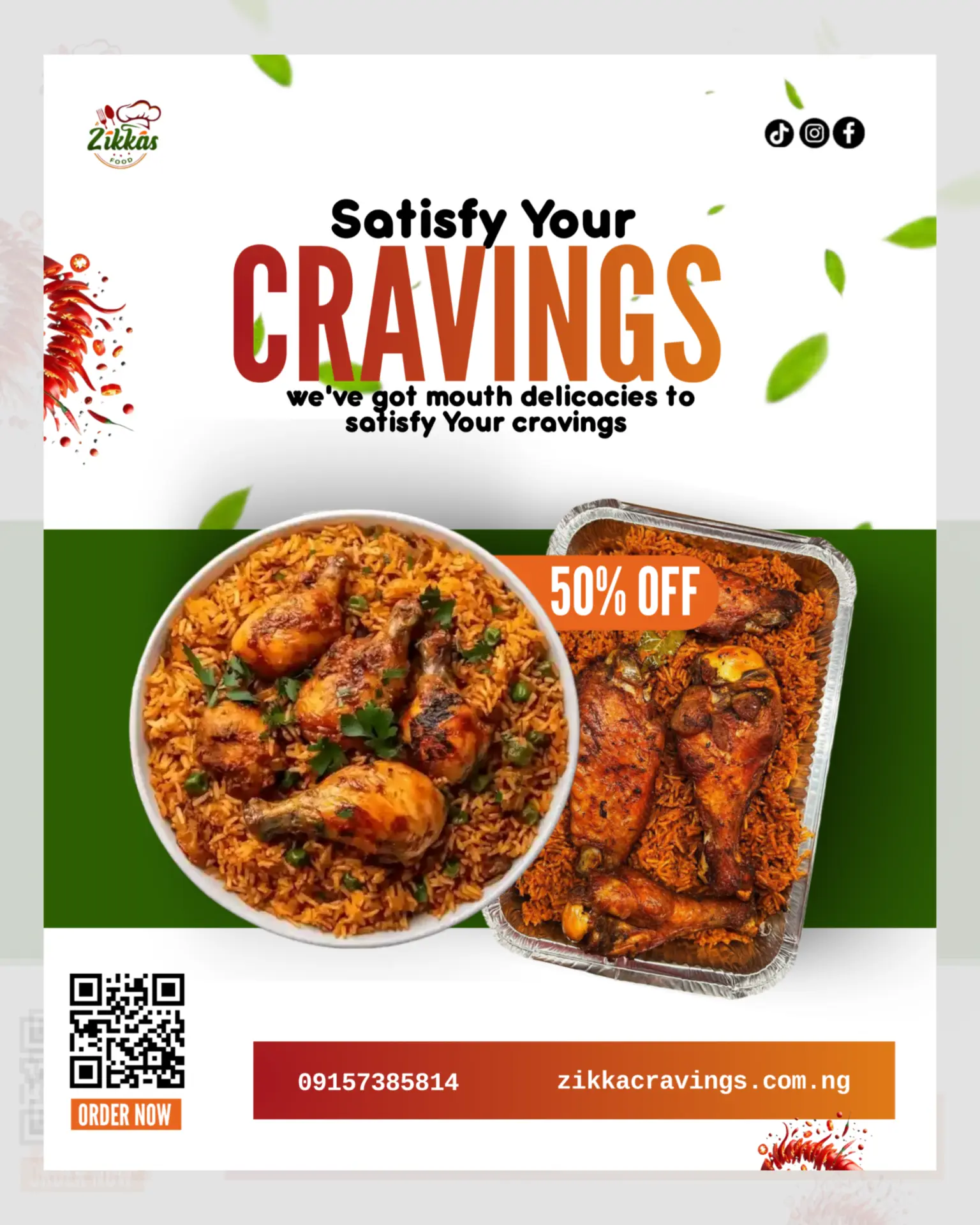 Zikka's Cravings food advertisement featuring rice and chicken