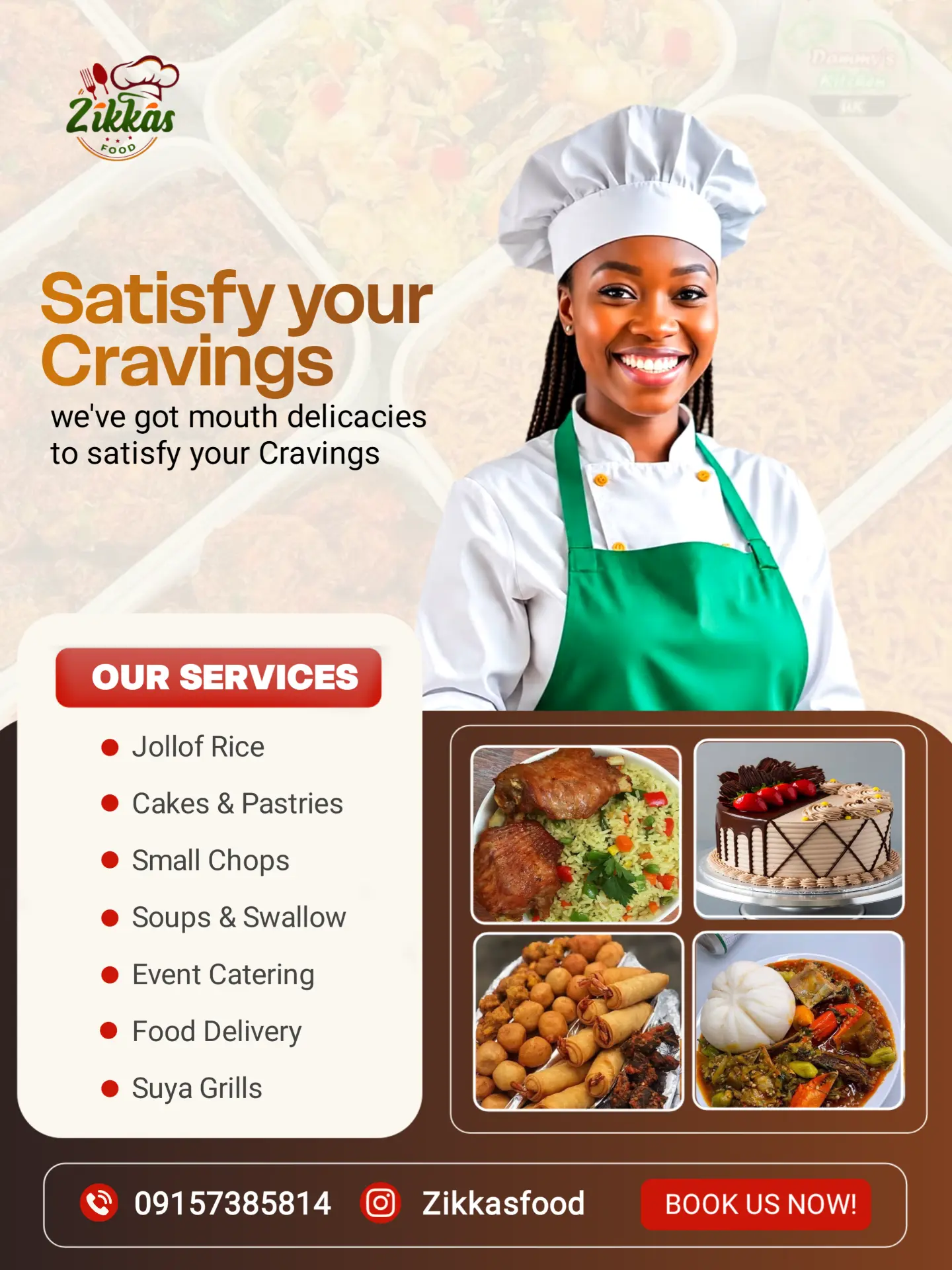 Zikka's Food catering advertisement featuring a chef and four dishes