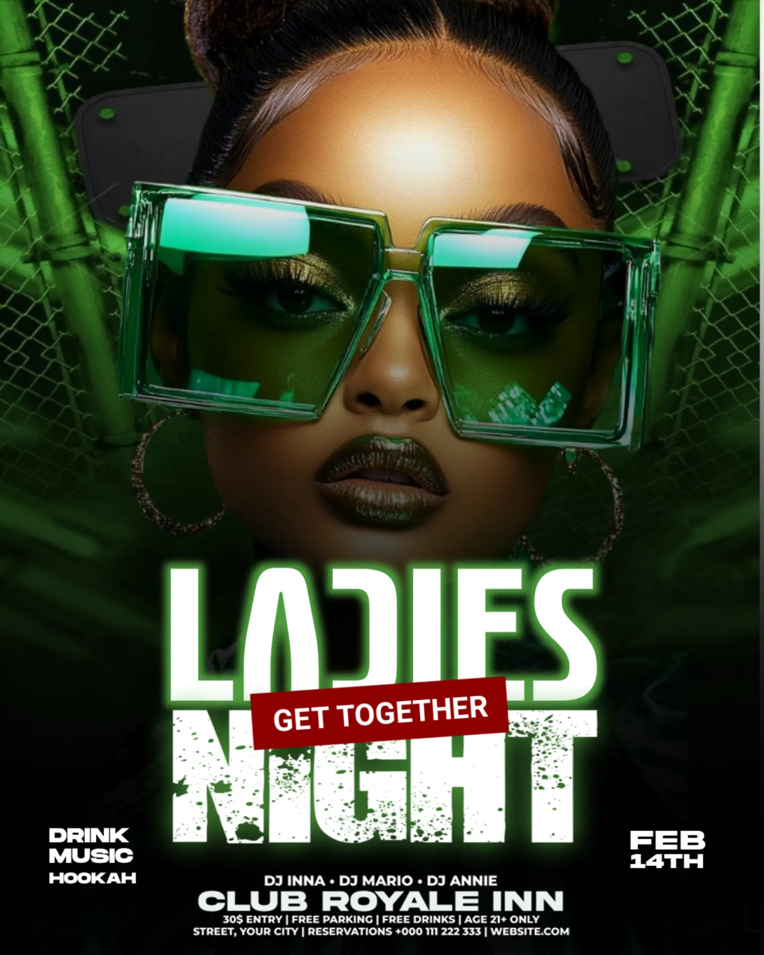 Neon green Ladies Night club event flyer at Club Royale Inn