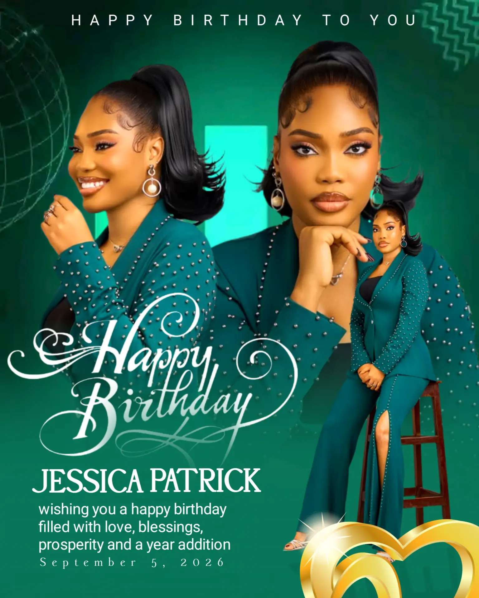 Green birthday design for Jessica Patrick with layered portraits