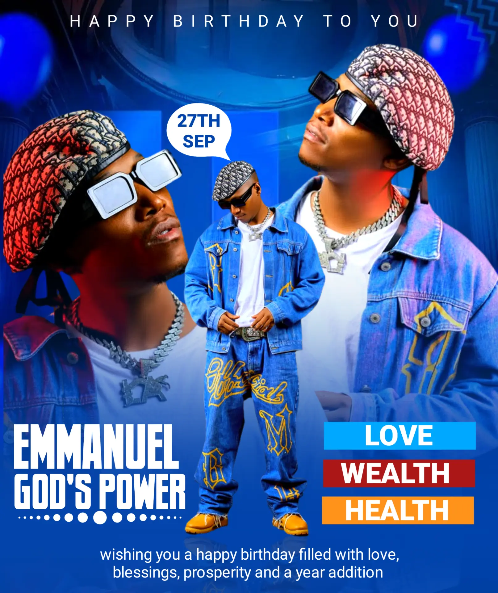 Blue birthday design featuring Emmanuel God's Power