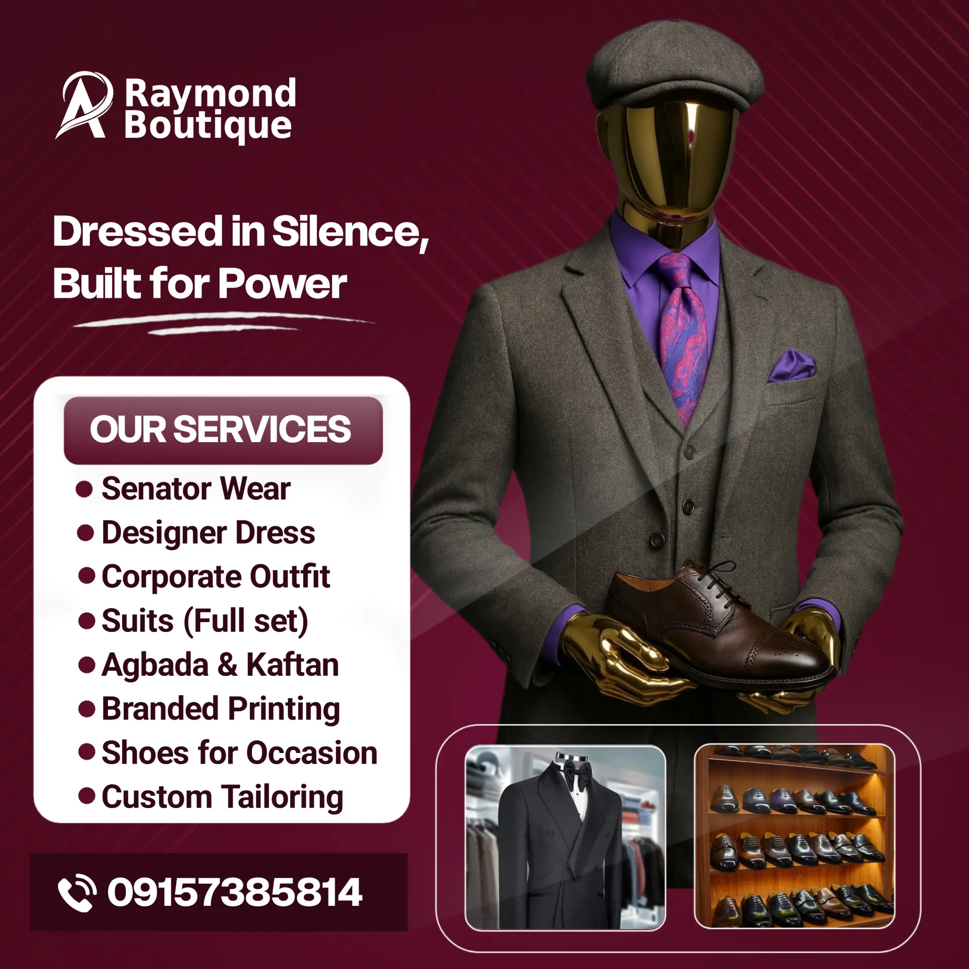 Burgundy menswear advertisement for Raymond Boutique with tailored suit and dress shoes