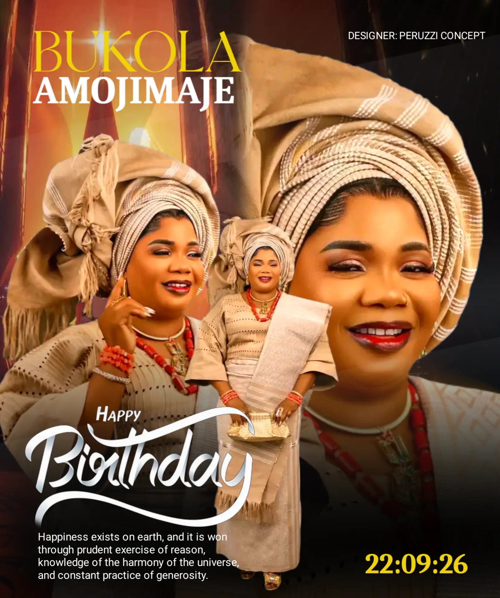Gold and tan birthday design for Bukola Amojimaje in traditional attire
