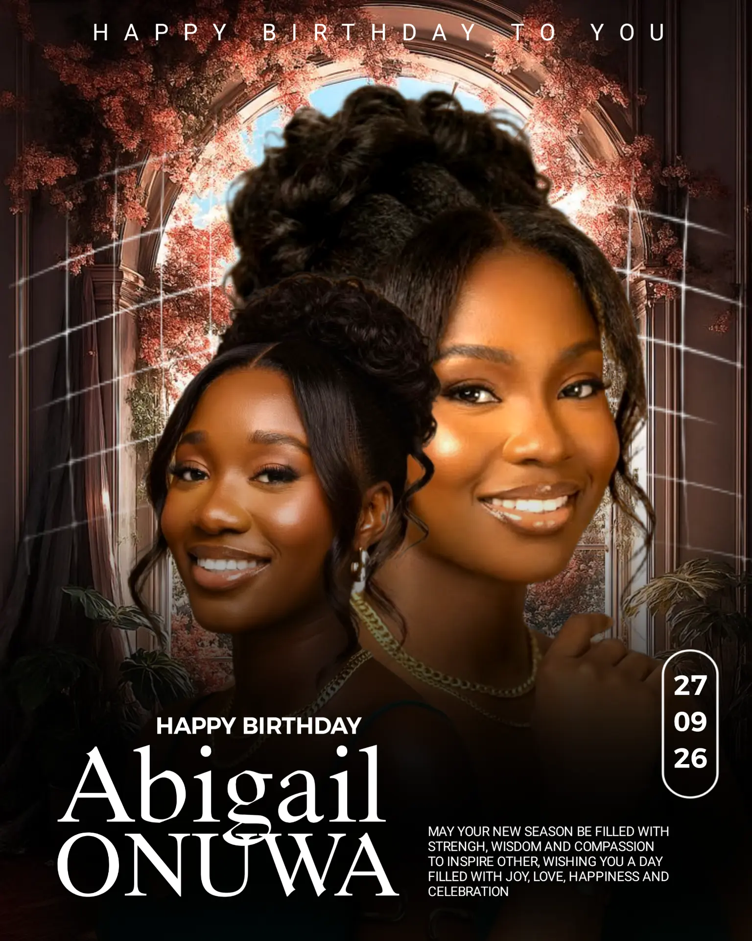 Warm amber birthday design for Abigail Onuwa with portraits and floral arch