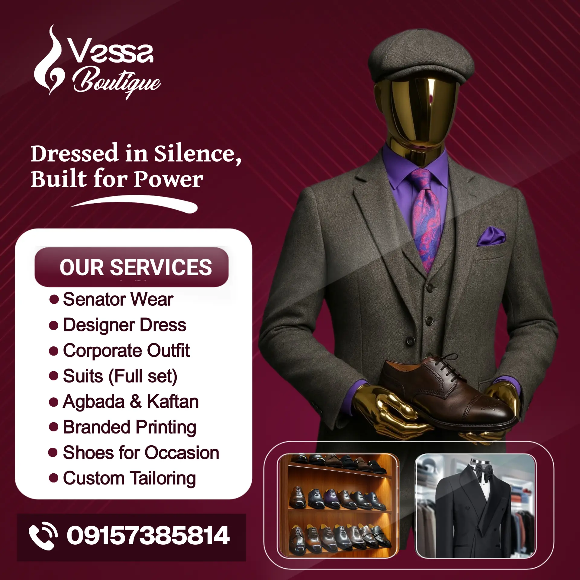 Wine and gold menswear boutique flyer featuring a tailored three-piece suit