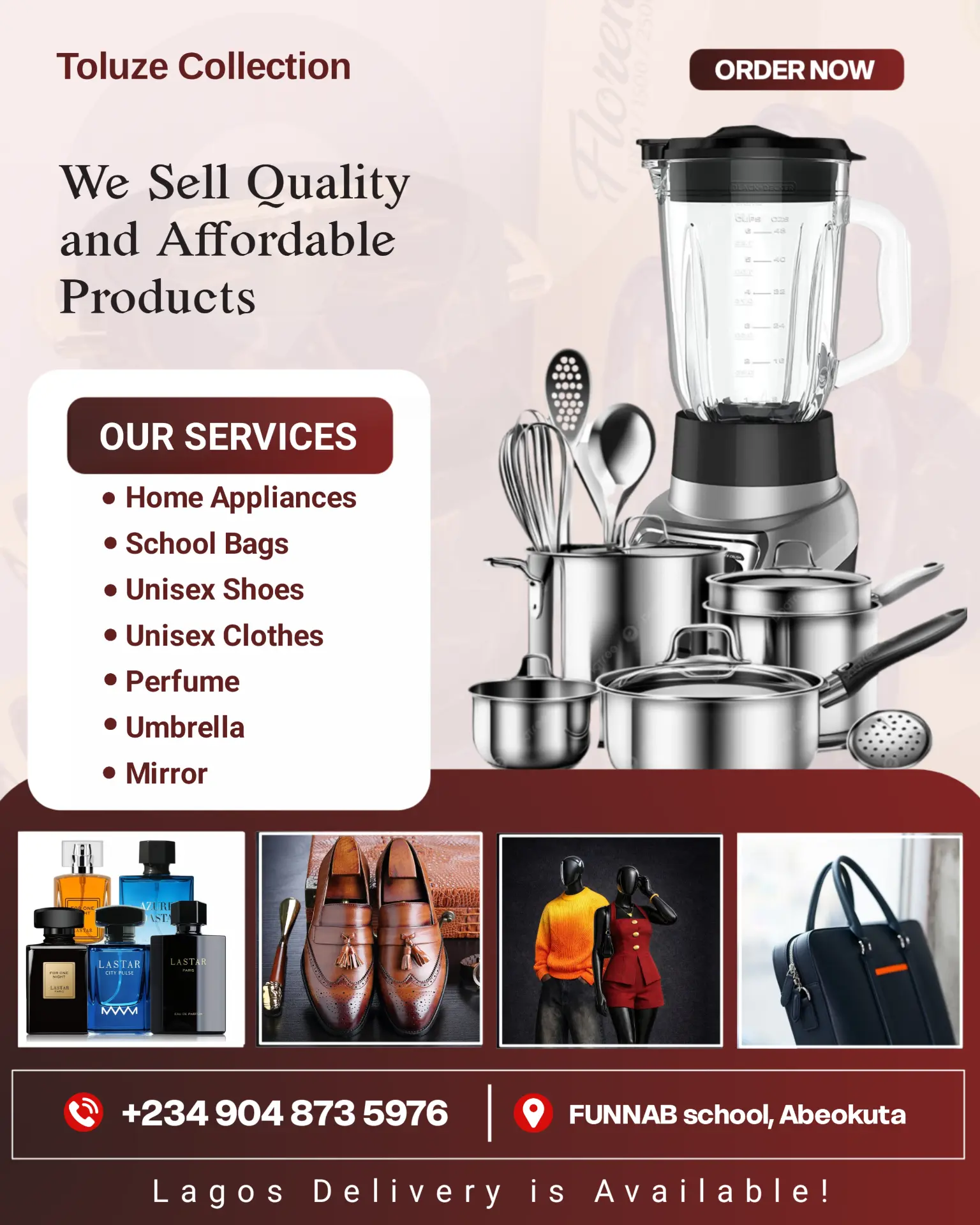 Cream and burgundy Toluze Collection flyer featuring cookware, perfume, shoes and bags