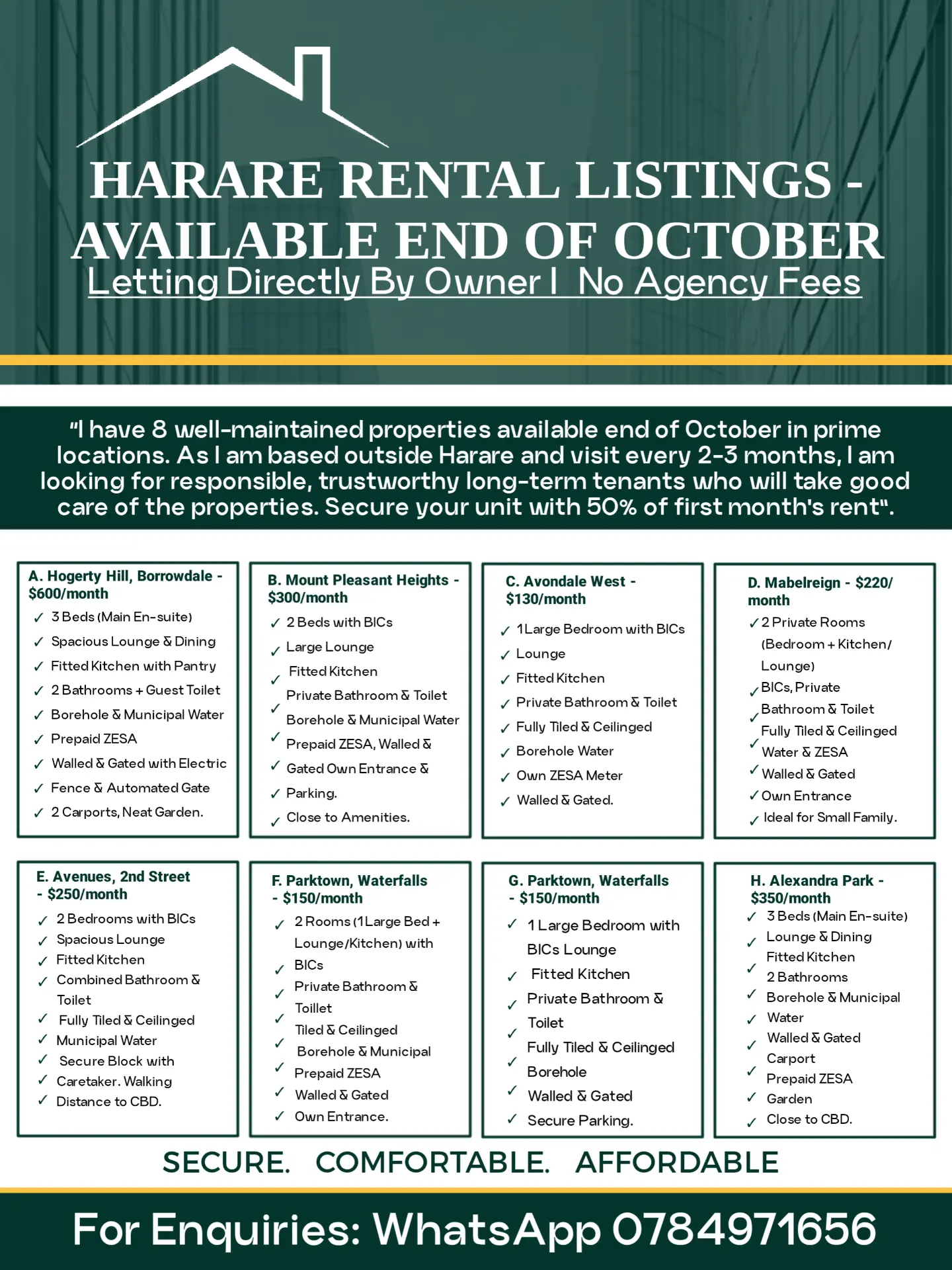 Deep green real estate rental listings flyer for Harare properties