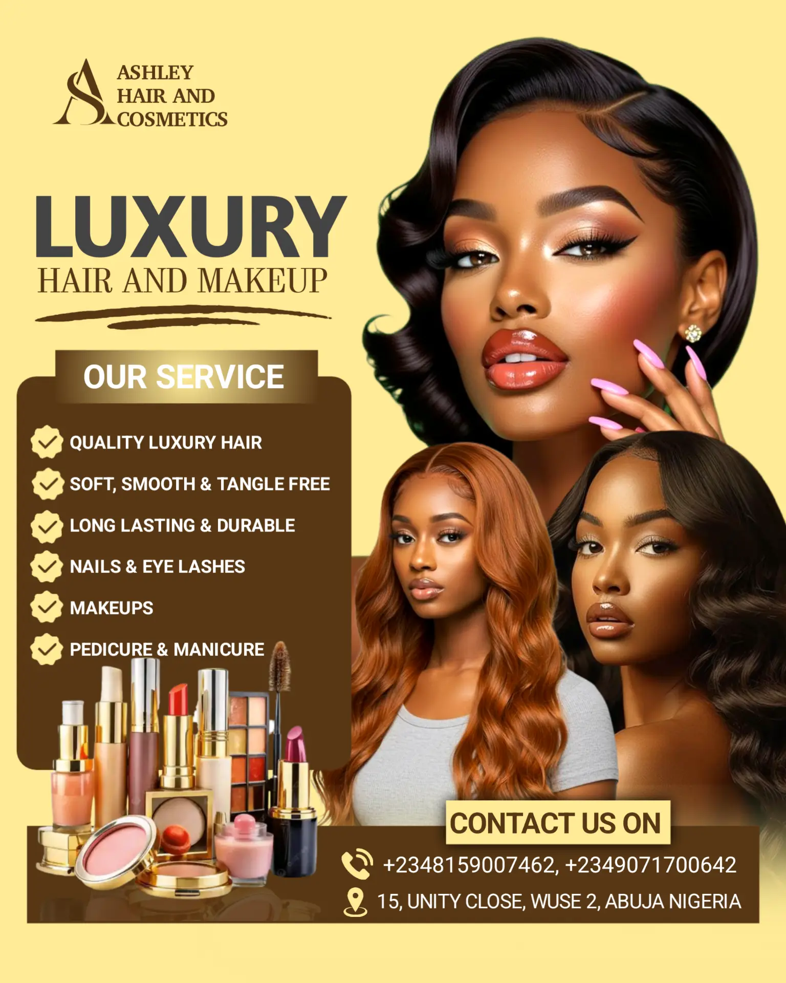 Ashley Hair and Cosmetics luxury hair and makeup advertisement