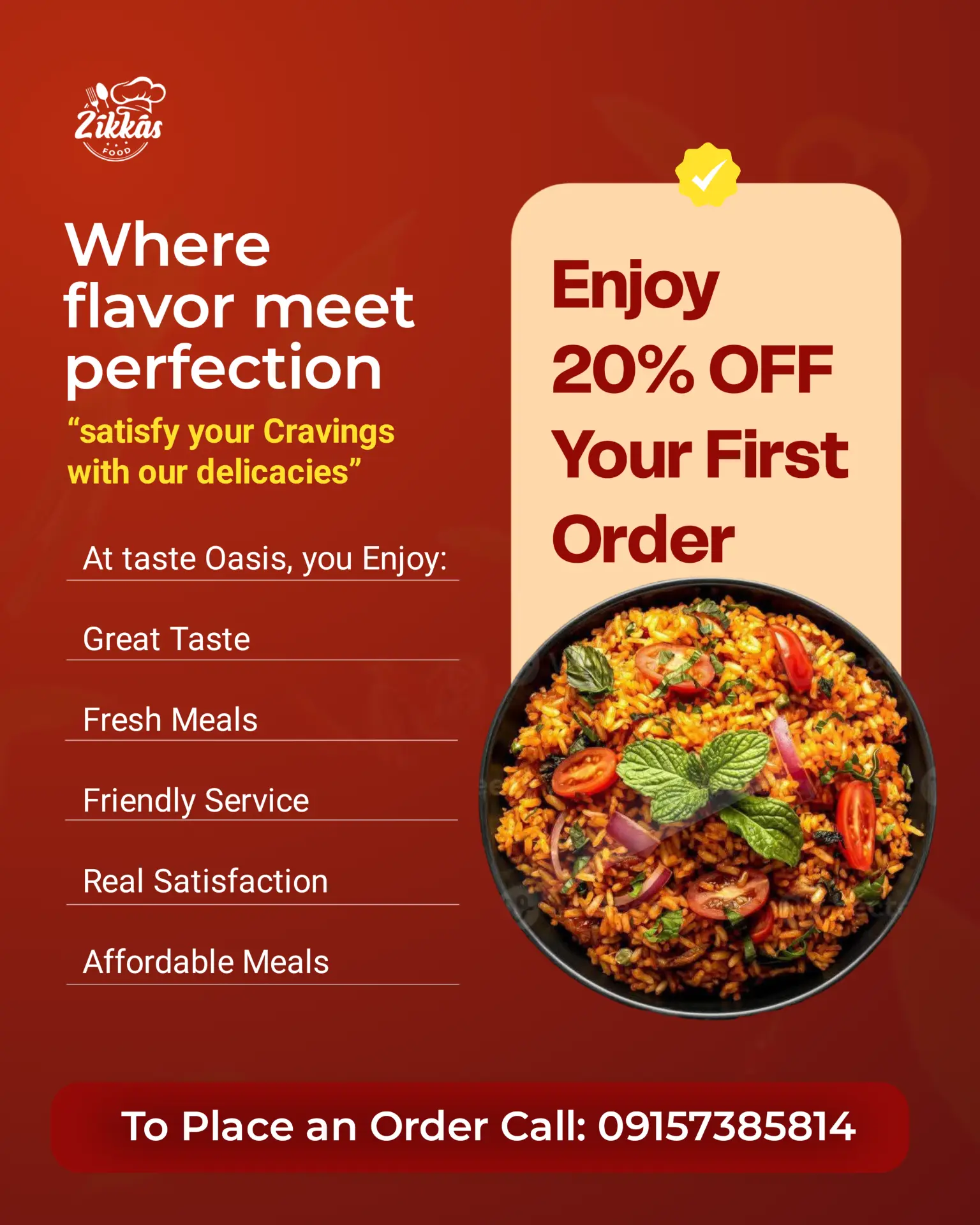 Deep red Zikka's Food advertisement promoting 20 percent off a first order